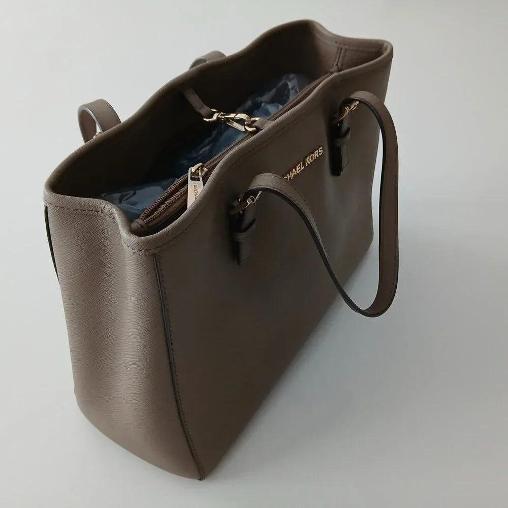 Michael Kors Saffiano Leather Medium Tote - Khaki w/ Gold Hardware
